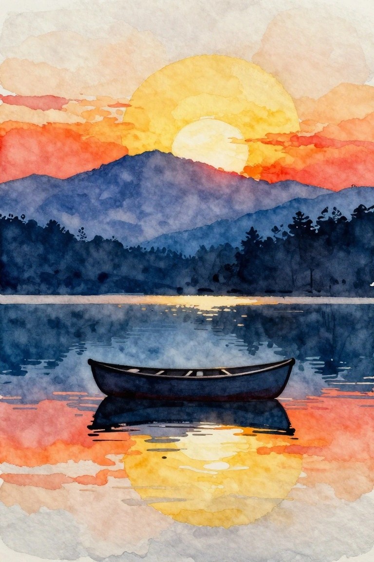 A watercolor painting shows a large yellow sun setting over blue mountains with a dark boat on the water and its reflection below orange and pink clouds.
