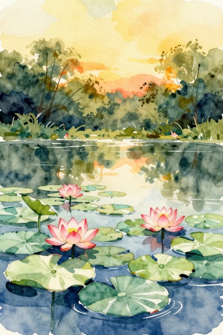 A watercolor painting of pink lotus flowers and green lily pads on a pond with reflections and a colorful sunset sky over trees.