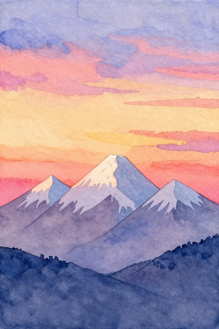 A watercolor painting of layered blue mountains with white snow caps beneath a sky of pink, orange, and yellow at sunset.