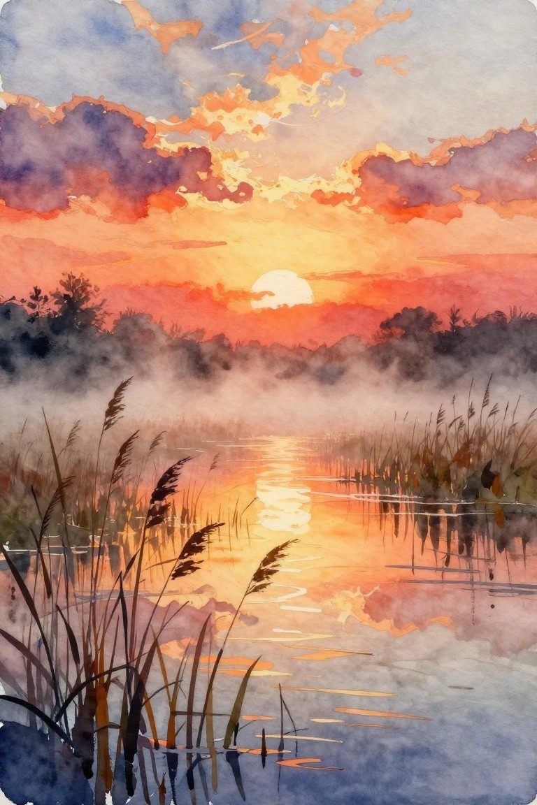 Watercolor sunset over misty lake with sun reflection and foreground reeds