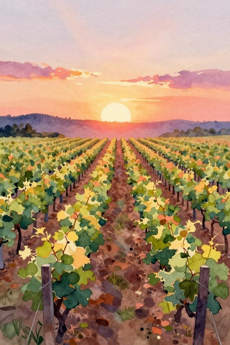 Watercolor vineyard rows at sunset with glowing orange sky and distant hills