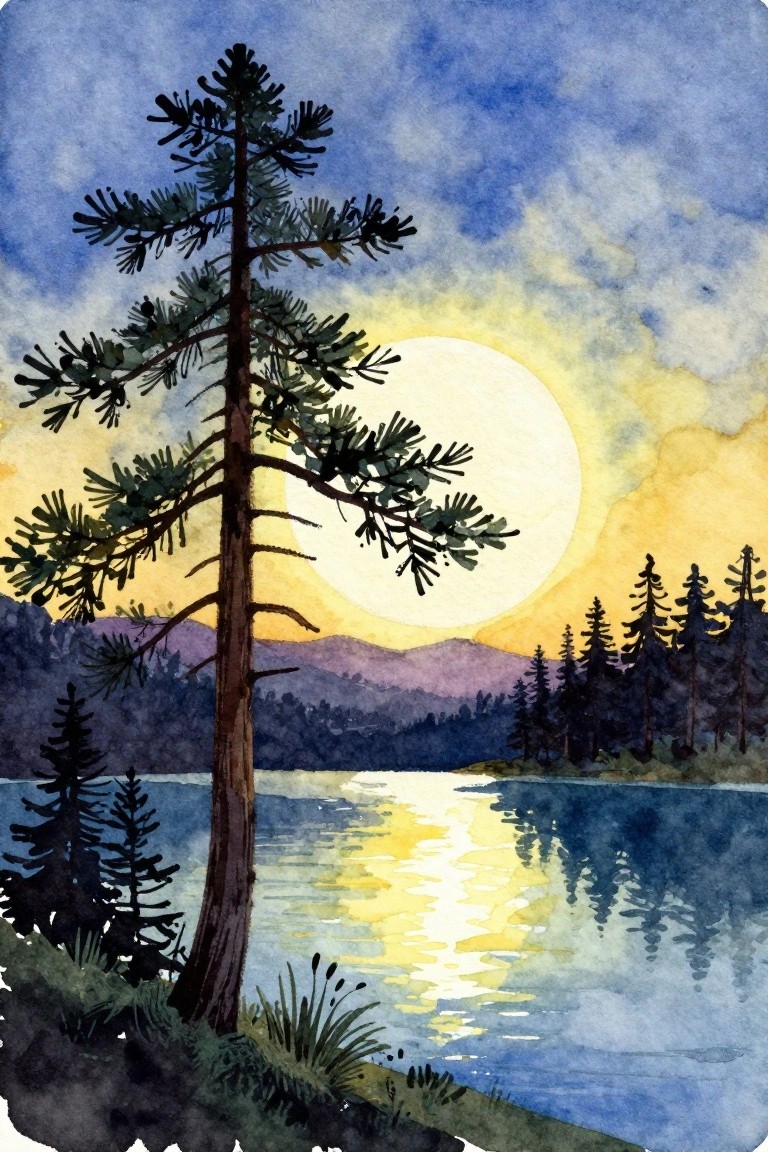 A watercolor landscape shows a tall pine tree beside a lake with a large glowing sun reflecting on the water and mountains in the background.