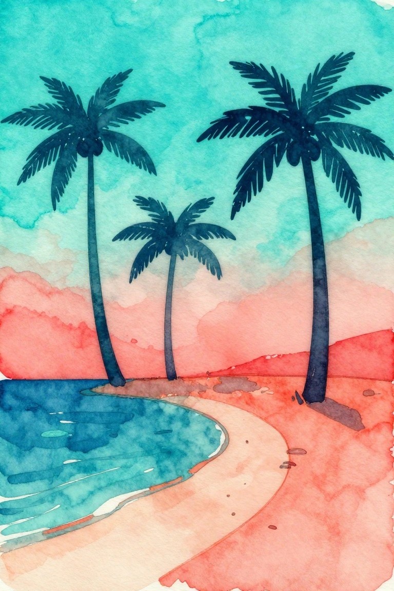Three palm trees on a tropical beach beside blue water in vibrant watercolor style