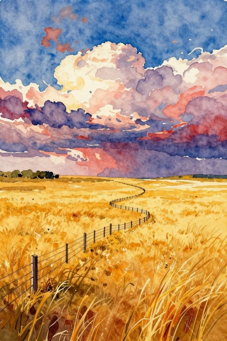 Watercolor of golden field with winding fence under dramatic colorful clouds.