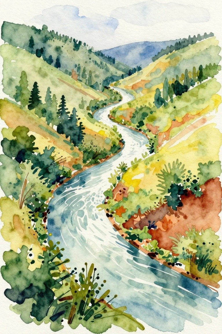 Watercolor landscape of winding river curving through vibrant green and autumn hills with trees.