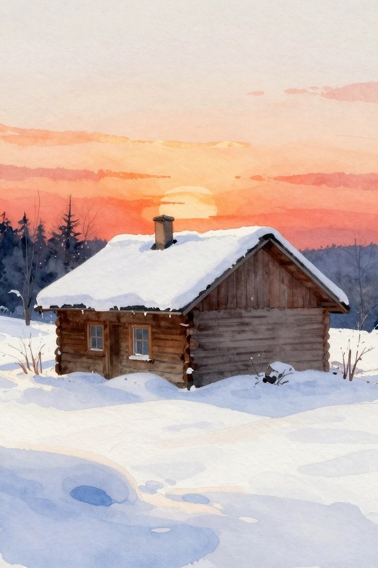 A wooden log cabin with snow on the roof sits in a snowy field under an orange and pink sunset sky with trees in the background.
