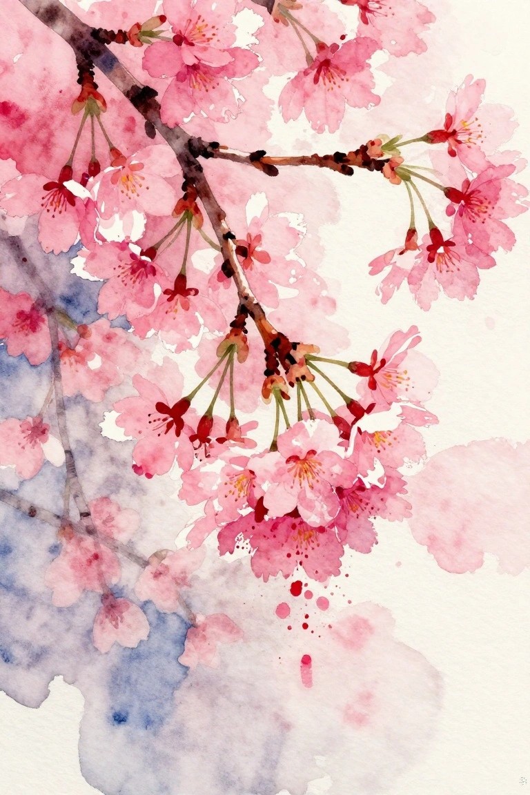 Watercolor painting of pink cherry blossoms on dark branches with soft background.