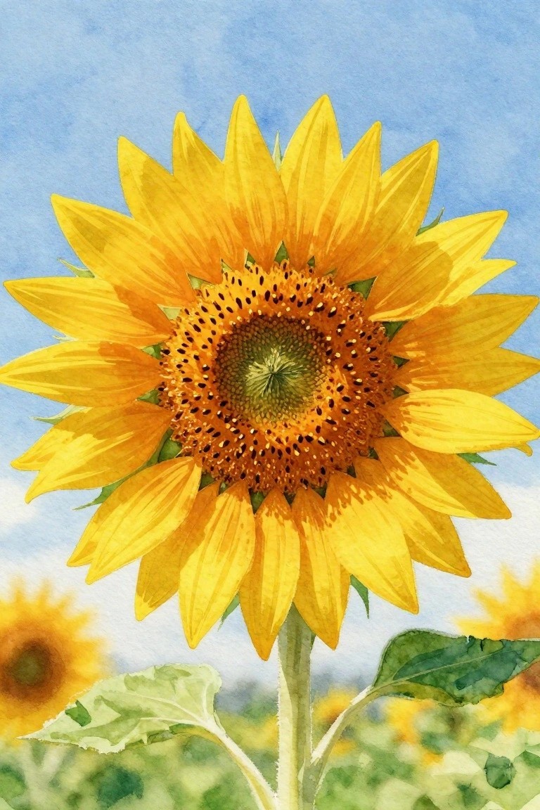 Vibrant yellow sunflower with brown center and green leaves in watercolor against blue sky.
