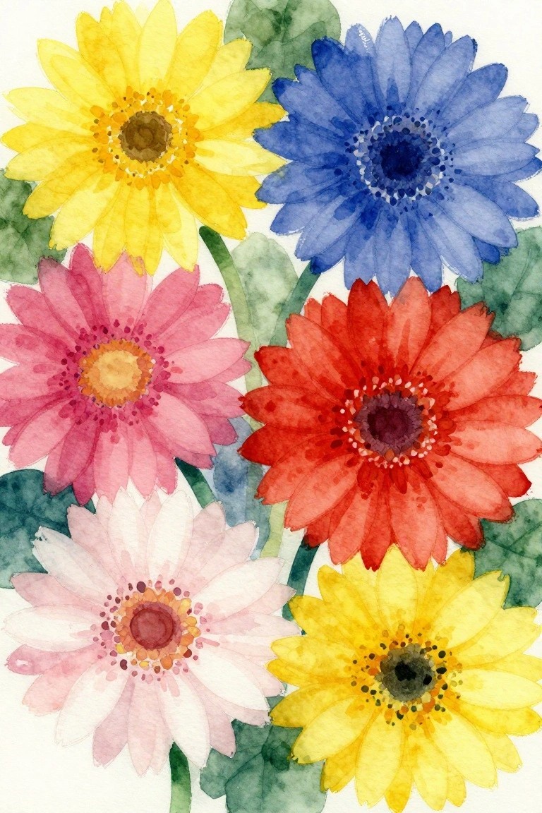 Watercolor painting of vibrant gerbera daisies in yellow, blue, pink, red, and white with green leaves