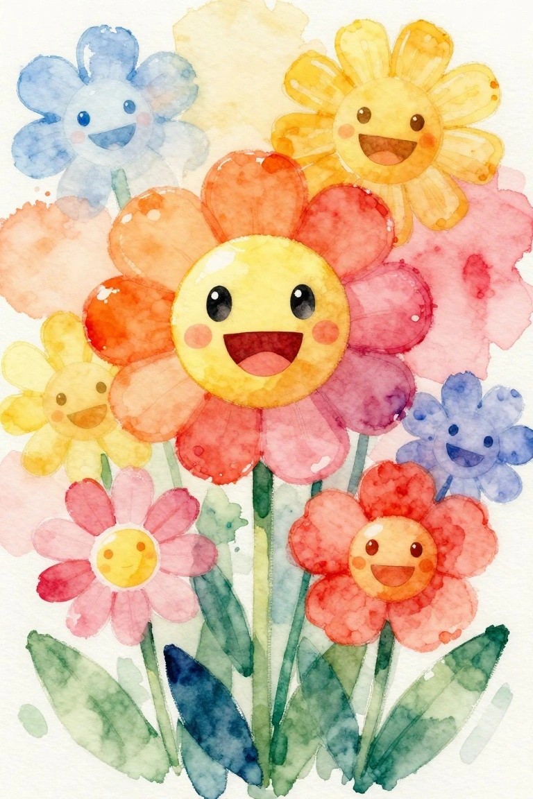 Colorful watercolor flowers with smiling faces and green leaves