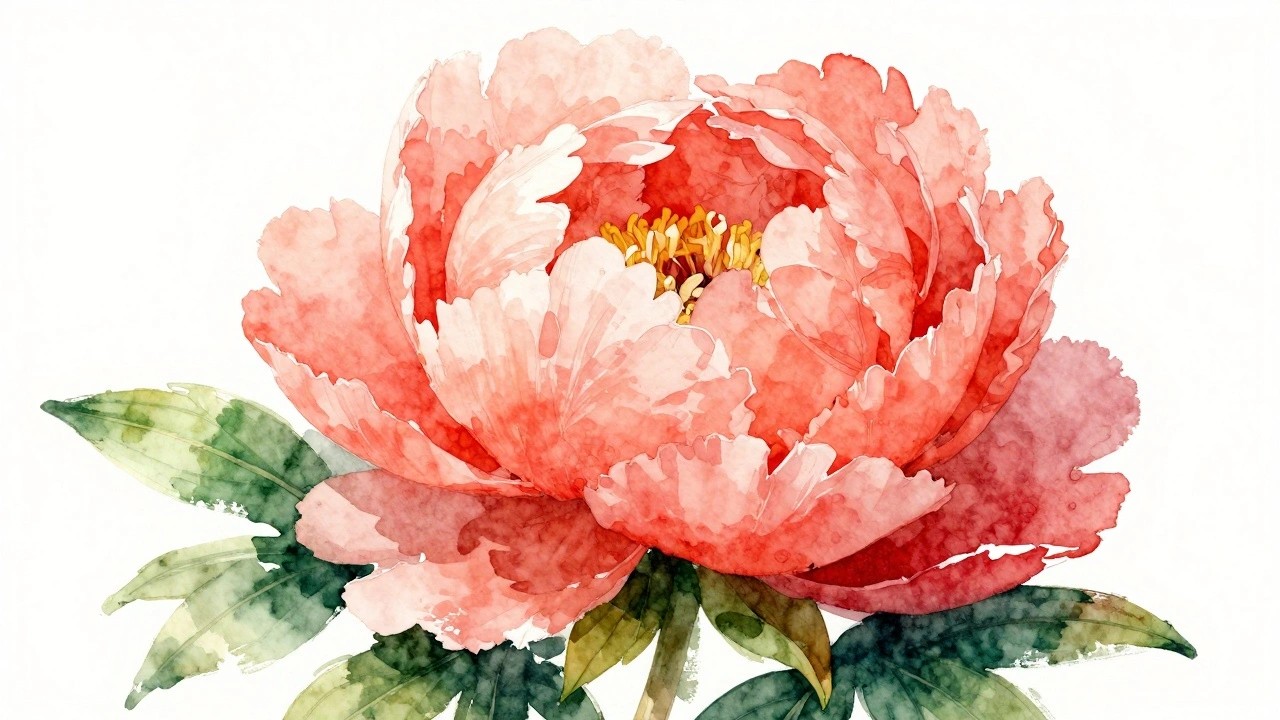 A watercolor-style painting of a large coral peony with layered petals, a yellow center, and green leaves at the base.