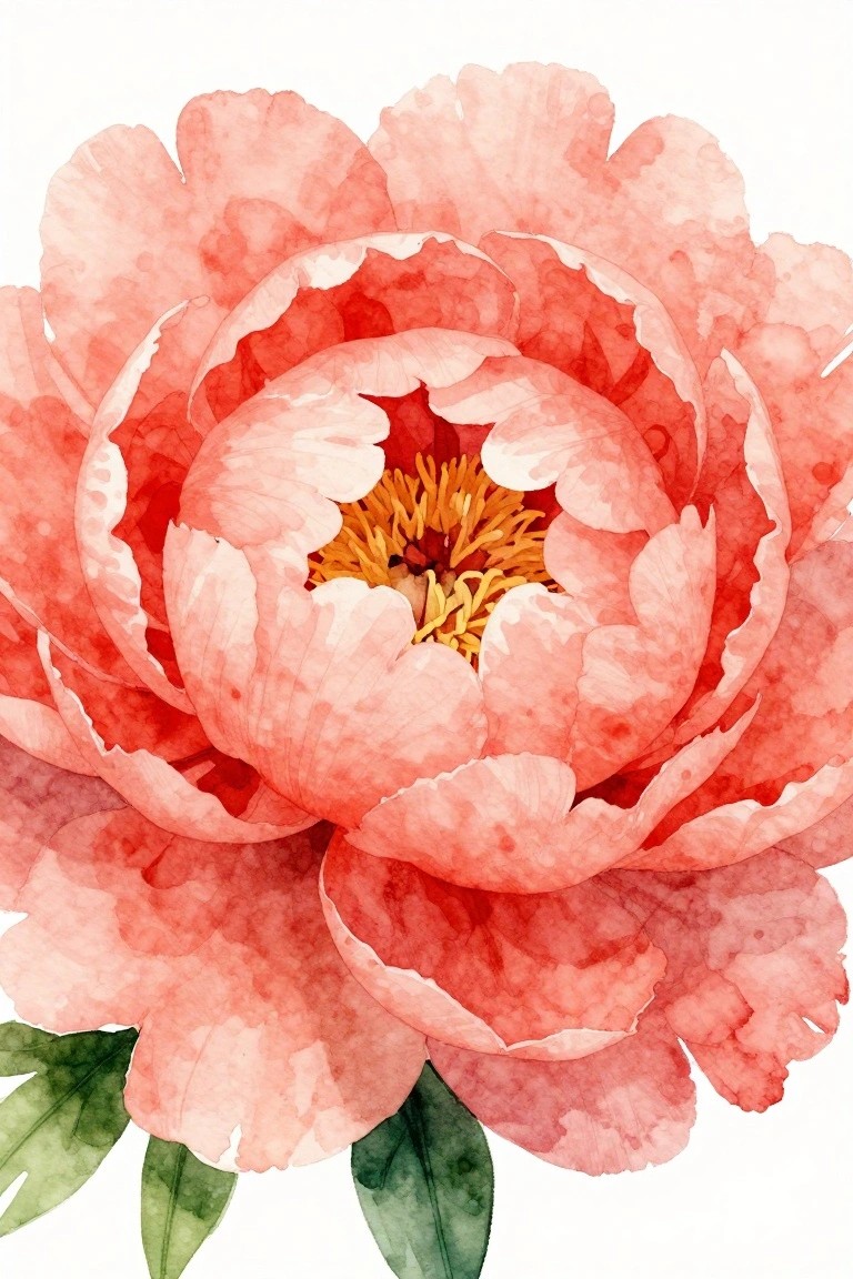 A watercolor-style painting of a large coral peony with layered petals, a yellow center, and green leaves at the base.