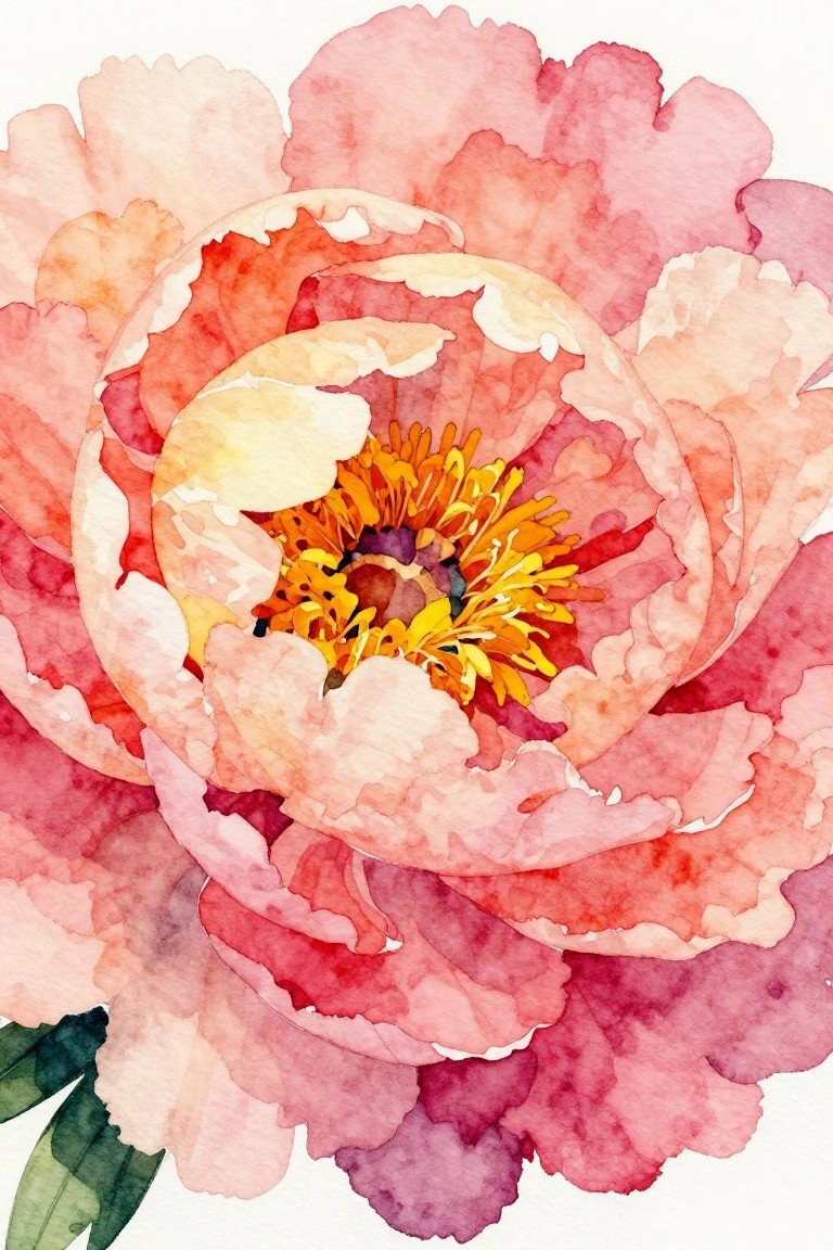 Watercolor peony in pink and red hues with bright yellow center