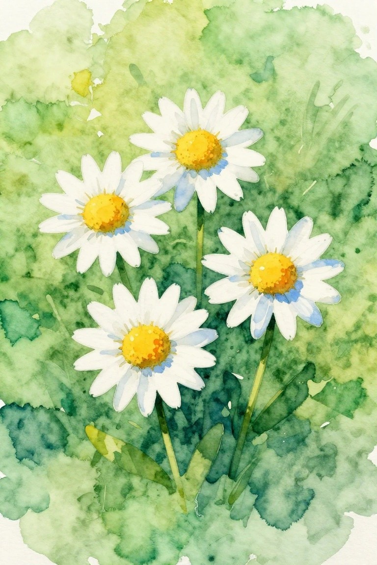 Watercolor painting of four white daisies with yellow centers amid green foliage