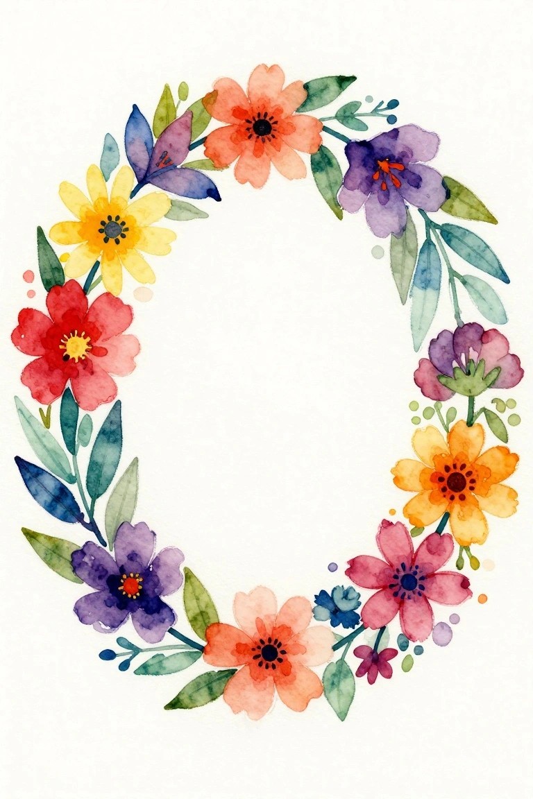 Watercolor floral wreath with colorful blooms and green leaves in a circle