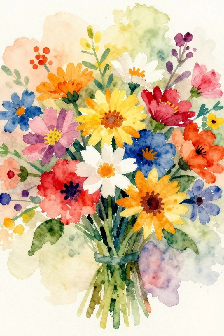 A watercolor painting of a colorful bouquet of assorted flowers tied with a ribbon against a soft abstract background.
