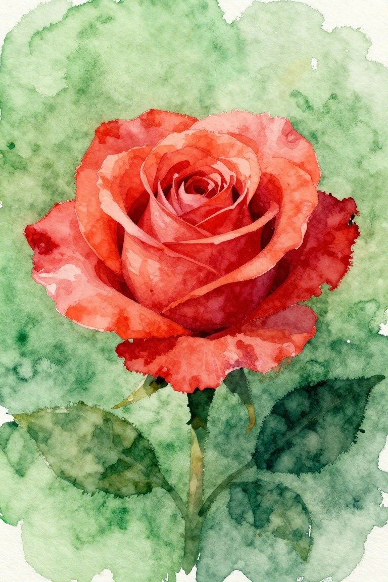 Watercolor painting of vibrant red rose with green leaves on soft green background.