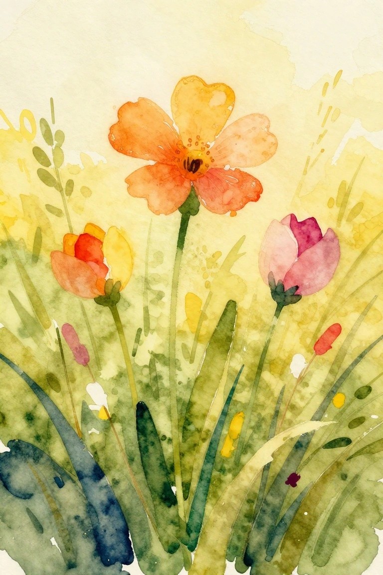 Watercolor wildflowers in orange, pink, and red amid lush green foliage.