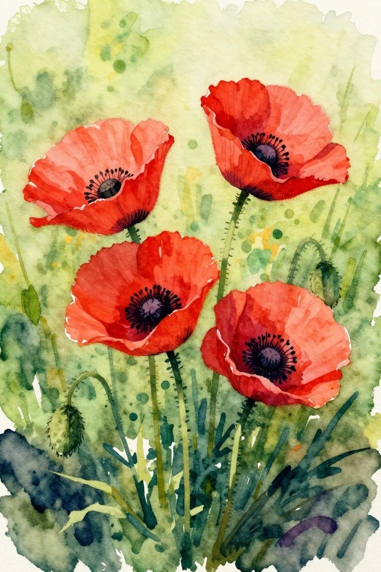 Watercolor painting of four red poppies with dark centers amid green stems and leaves