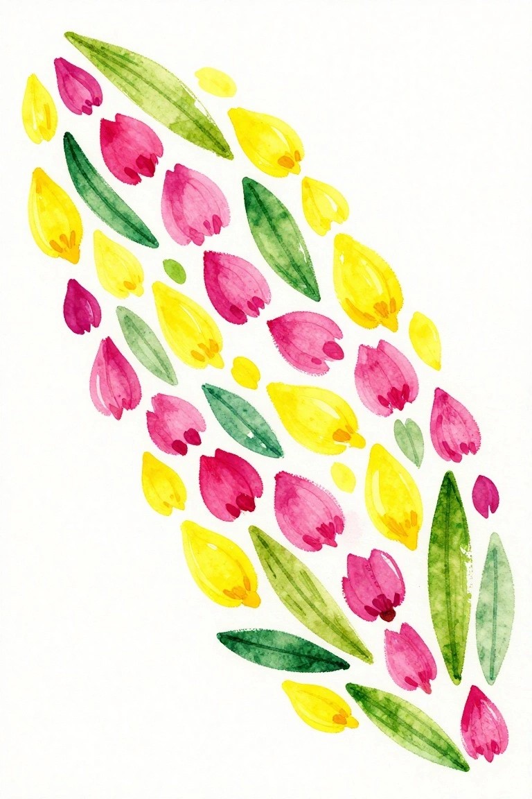 Watercolor painting of scattered pink and yellow tulips with green leaves.