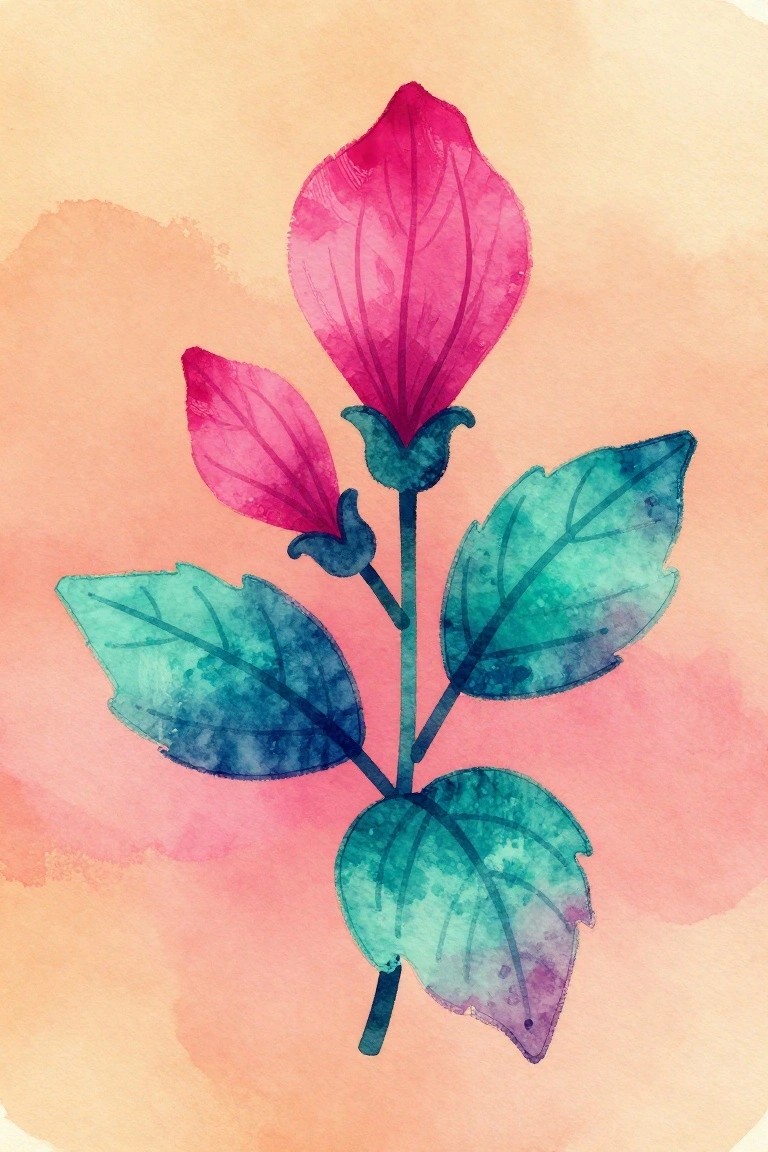 A watercolor painting of a magenta flower with teal leaves on a soft orange background.