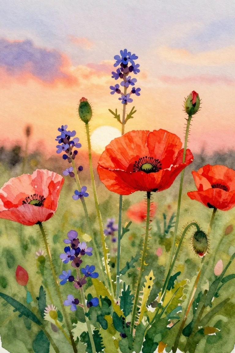 Watercolor of red poppies and blue wildflowers blooming at sunset.