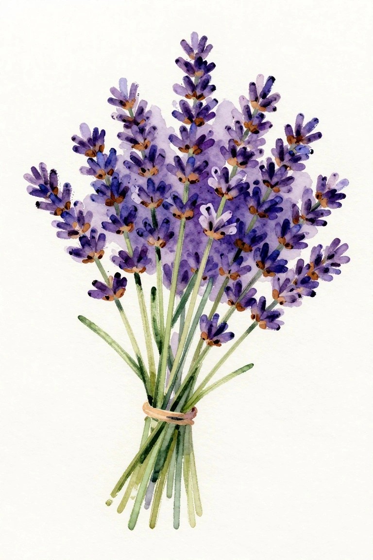A watercolor painting of purple lavender flowers bundled together with stems tied by a thin string.