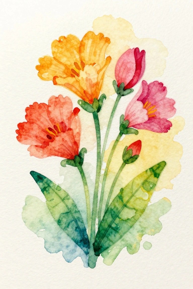 A watercolor painting of orange, red, and pink flowers with green leaves on a white background.