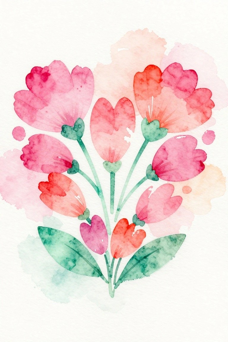 Watercolor bouquet of pink and red heart-shaped flowers with green leaves.