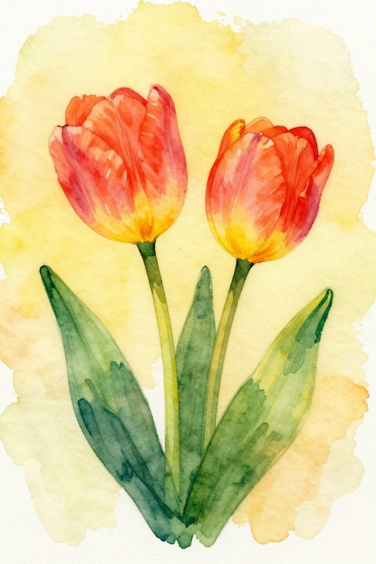 Two red-yellow tulips with green leaves in watercolor style.