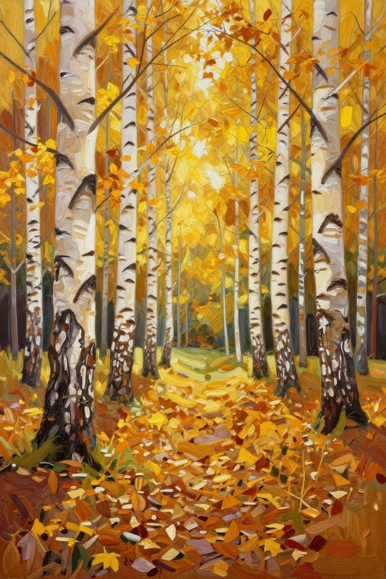 Sunlit autumn birch forest path covered in golden yellow fallen leaves
