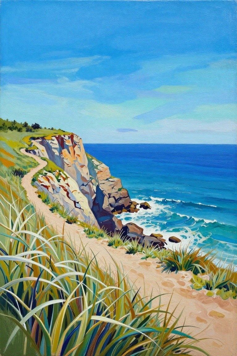 Cliffside trail winds along rocky coast beside blue ocean waves under sunny sky
