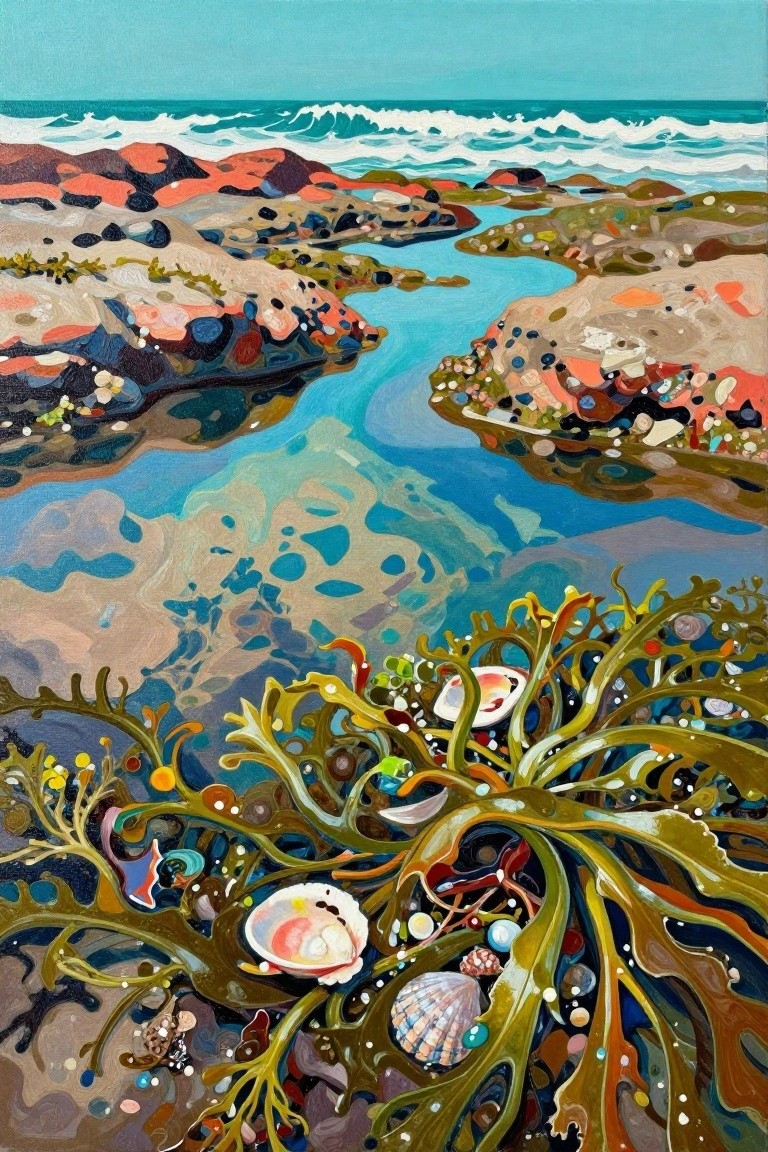 Vibrant painting of rocky shoreline with turquoise water, waves, and shell-covered seaweed