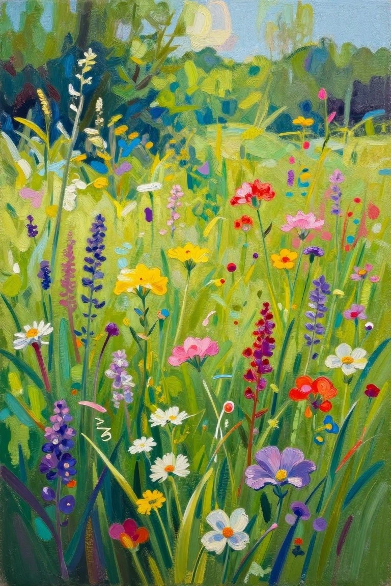 Vibrant wildflower meadow blooming with colorful flowers in lush green field, impressionistic style