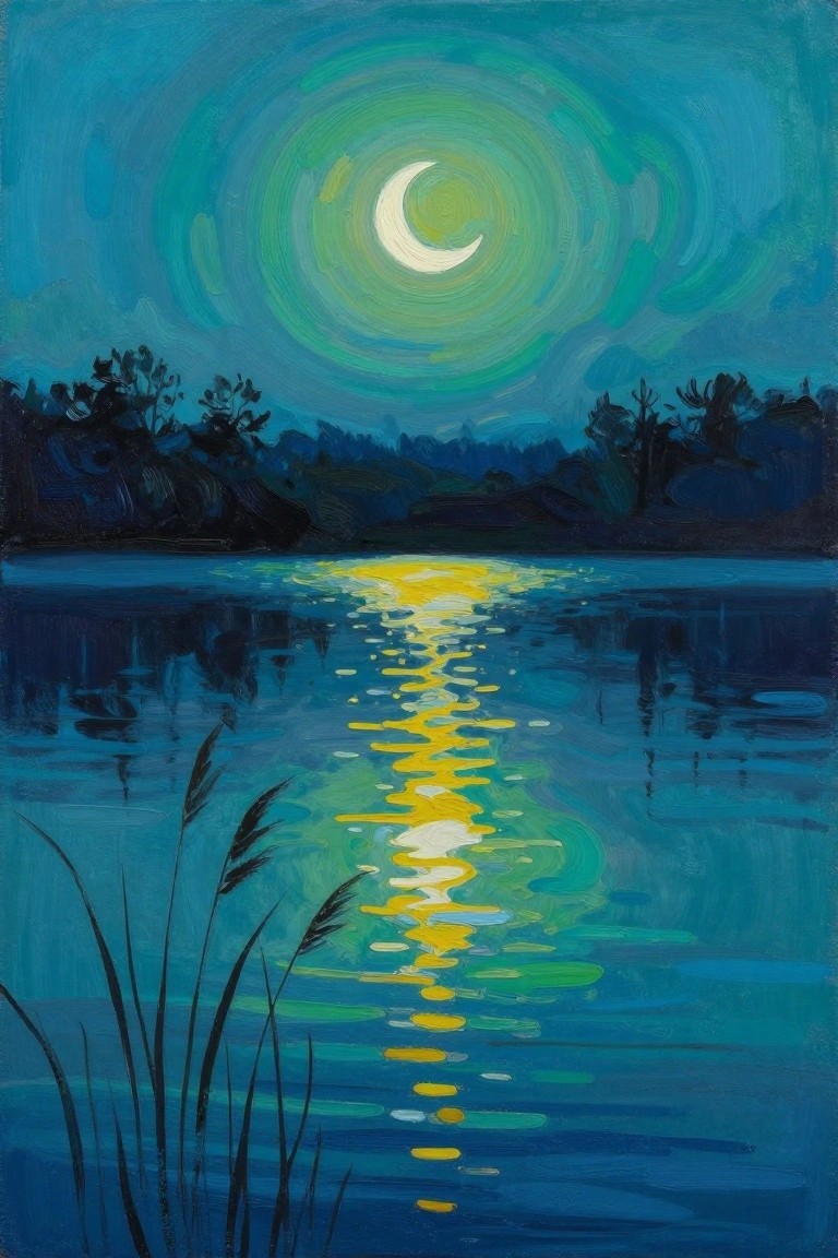 Crescent moon in swirling sky reflecting on blue lake with dark reeds and trees