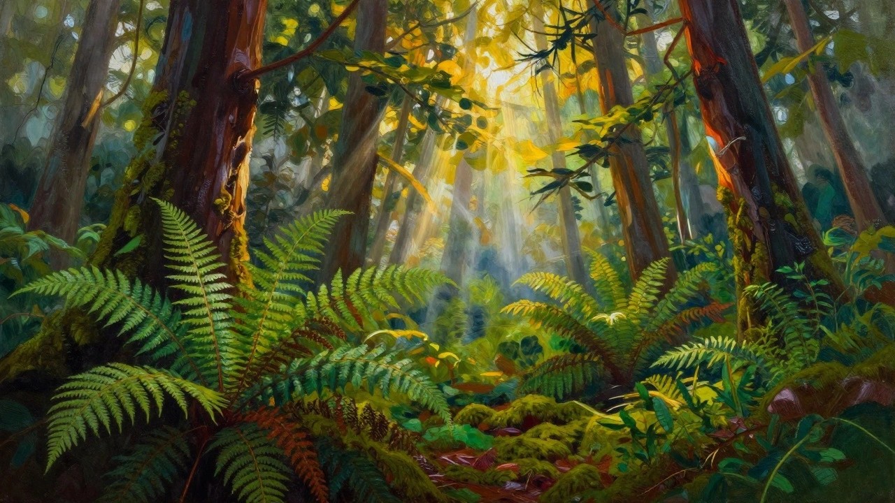 Sunlit forest with lush green ferns and golden light rays through trees