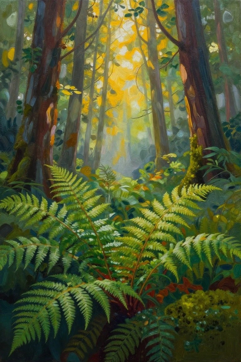 Sunlit forest with lush green ferns and golden light rays through trees