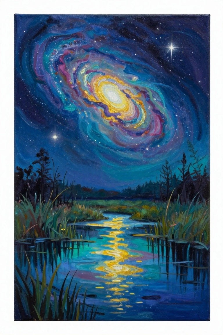 Swirling colorful galaxy reflected in winding river through marshy night landscape