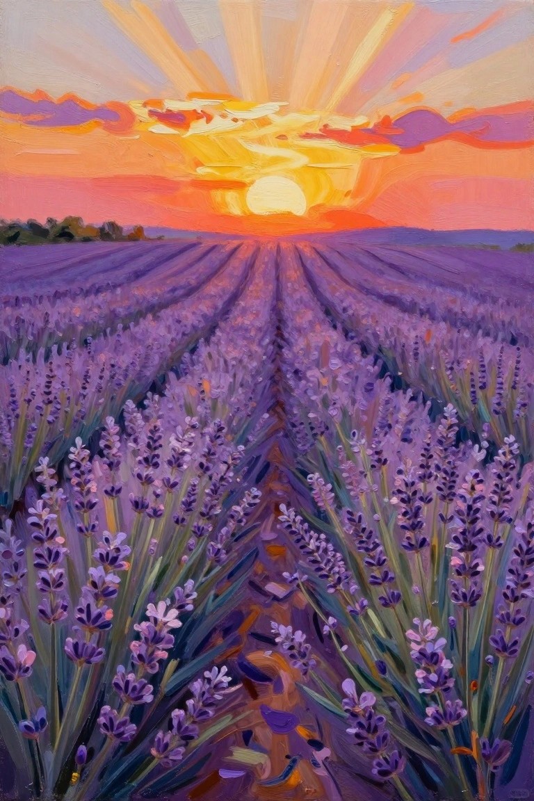 Vivid oil painting of purple lavender rows under dramatic orange sunset with glowing sun.