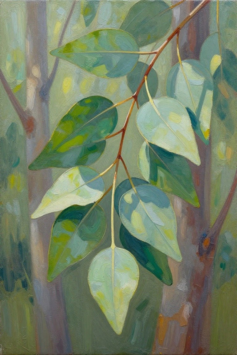 Lush green leaves with yellow highlights on slender branches against blurred forest trunks