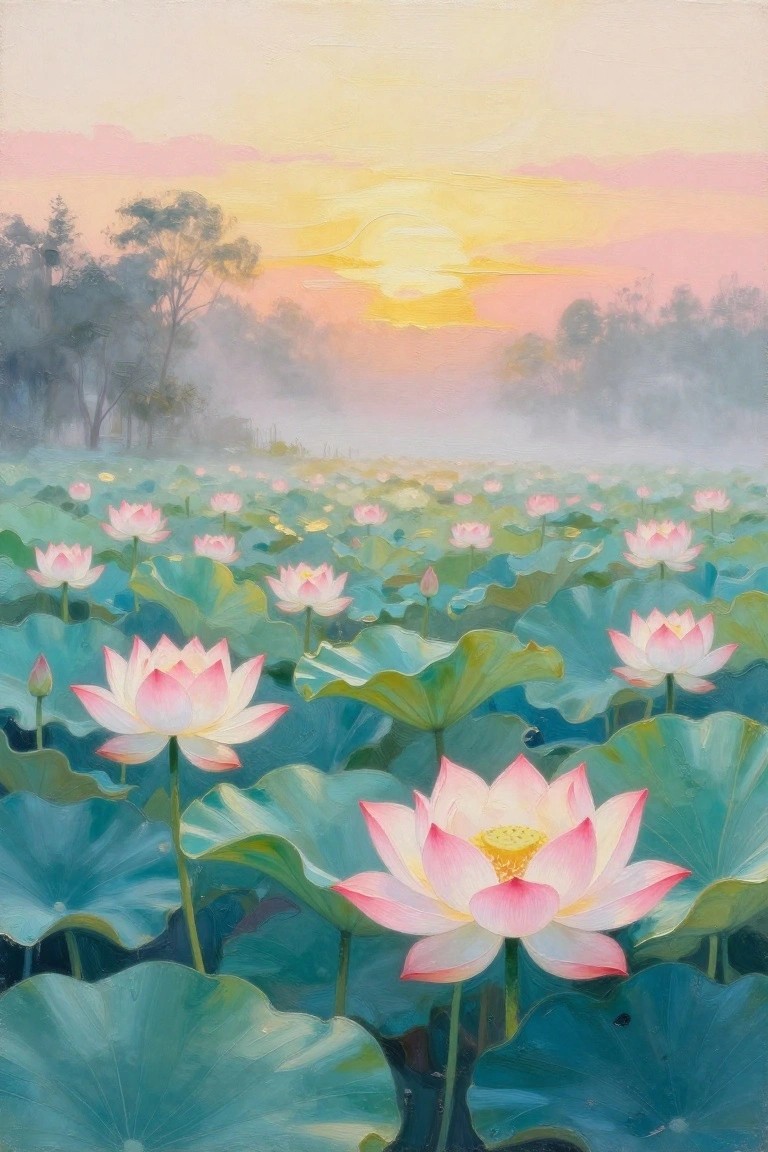 Pink lotus flowers bloom amid green pads in misty sunrise pond landscape