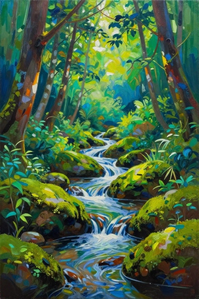 Vibrant painting of winding stream through mossy rocks and colorful forest trees.