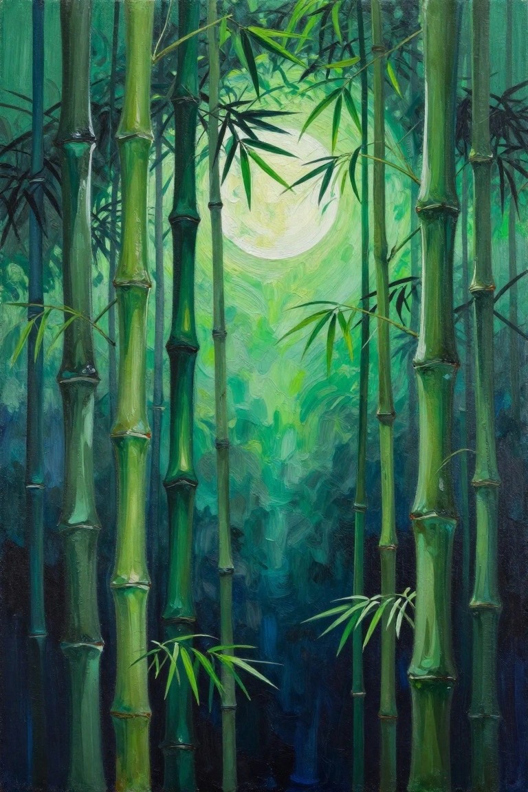 Dense bamboo forest with vibrant green stalks and glowing full moon