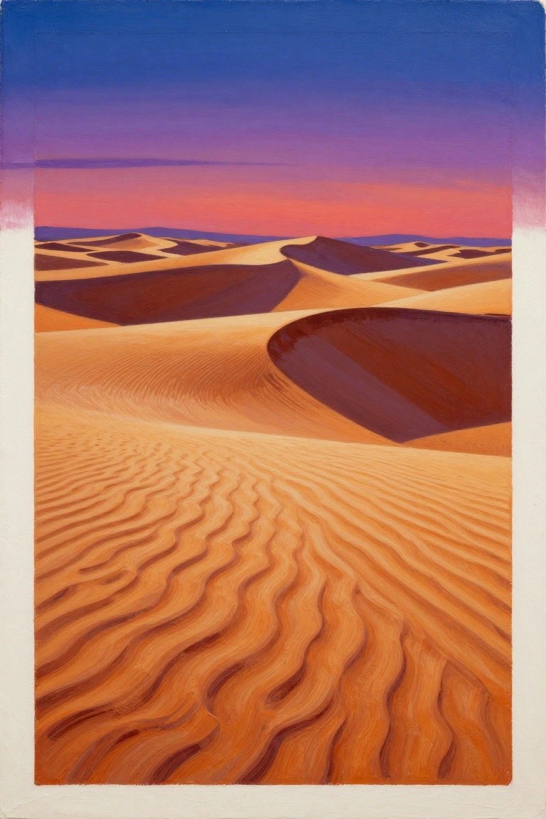 Vibrant painting of rippled orange sand dunes under a purple-orange sunset sky.