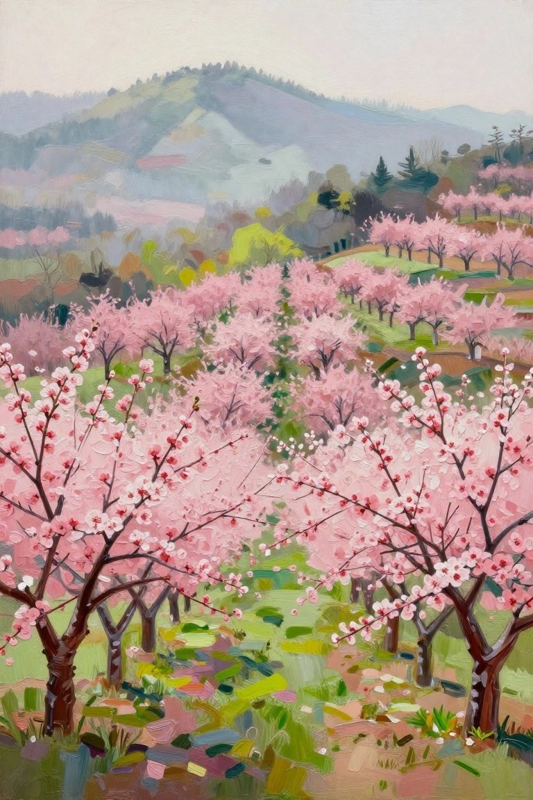 A painting of pink blossoming trees filling an orchard with green hills in the background.