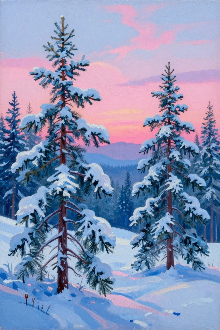 Snow-covered pine trees in a snowy landscape under a pink sunset sky