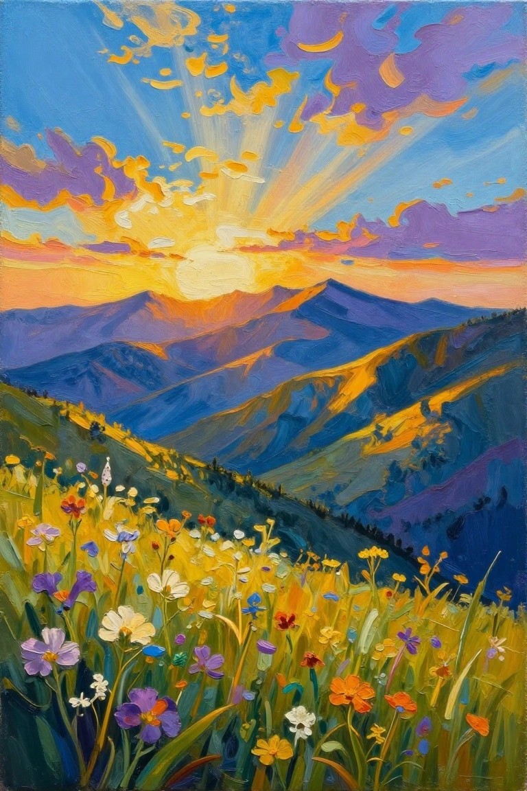 Vibrant painting of wildflower meadow overlooking mountains under radiant golden sunset sky