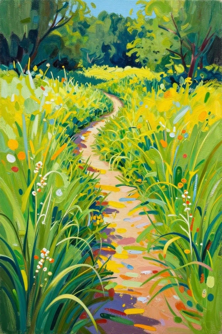 A colorful painting of a winding path through a meadow filled with tall green grass and bright wildflowers in yellow, orange, and blue.