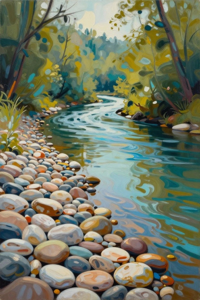 A painting of a winding blue river flowing past a bank of multicolored pebbles with trees and foliage on both sides.