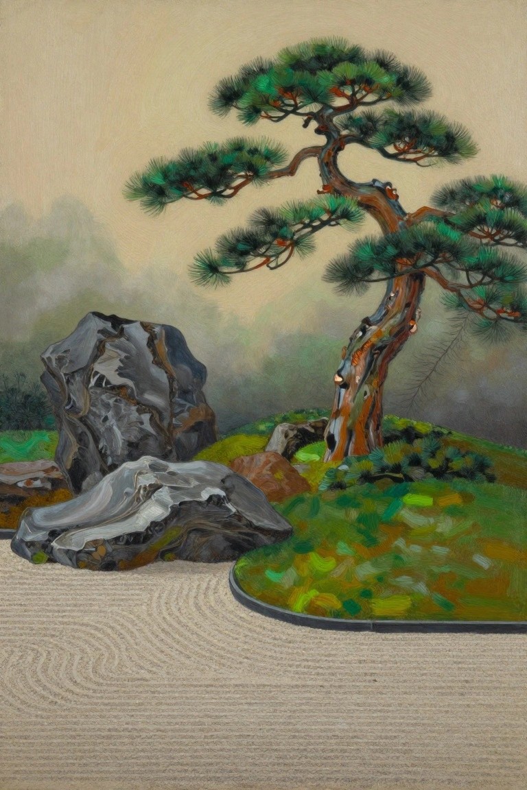Gnarled pine tree with green needles amid gray rocks on raked sand in mist